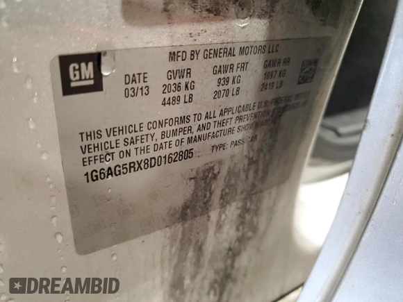 2013 Cadillac ATS with VIN 1G6AG5RX8D0162805, listed as a Copart auction lot 59568505 with 98,713 mi miles and Salvage title. Bid and sale history available at DreamBid. Image 12.