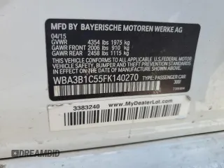 2015 BMW 3 Series 320i with VIN WBA3B1C55FK140270, listed as a Copart auction lot 51127975 with 0 mi miles and Salvage Title. Bid and sale history available at carsss.com. Image 14.