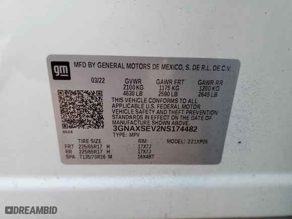 2022 Chevrolet Equinox LS with VIN 3GNAXSEV2NS174482, listed as a Copart auction lot 86124934 with 73,928 mi miles and Salvage Title. Bid and sale history available at carsss.com. Image 12.