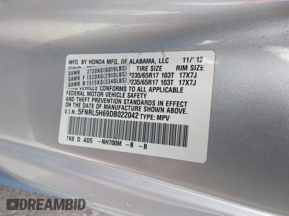 2013 Honda Odyssey EX-L with VIN 5FNRL5H69DB022042, listed as a IAAI auction lot 41902796 with 178,198 mi miles and . Bid and sale history available at carsss.com. Image 9.