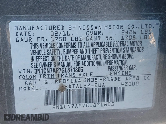 2016 Nissan Versa SV with VIN 3N1CN7AP7GL871805, listed as a IAAI auction lot 41562934 with 81,877 mi miles and . Bid and sale history available at DreamBid. Image 9.