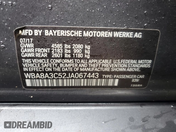 2018 BMW 3 Series 320i xDrive with VIN WBA8A3C52JA067443, listed as a Copart auction lot 59093005 with 69,078 mi miles and Salvage title. Bid and sale history available at DreamBid. Image 12.