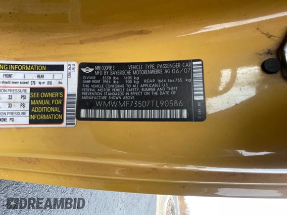 2007 MINI Hardtop S with VIN WMWMF73507TL90586, listed as a Copart auction lot 54109915 with 50,695 mi miles and Clean Title. Bid and sale history available at DreamBid. Image 10.