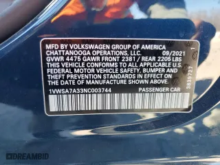2022 Volkswagen Passat 2.0T SE with VIN 1VWSA7A33NC003744, listed as a Copart auction lot 46953595 with 32,599 mi miles and Salvage Title. Bid and sale history available at carsss.com. Image 13.