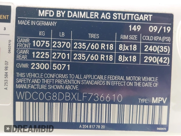 2020 Mercedes-Benz GLC 300 with VIN WDC0G8DBXLF736610, listed as a IAAI auction lot 42353177 with 45,652 mi miles and . Bid and sale history available at DreamBid. Image 9.