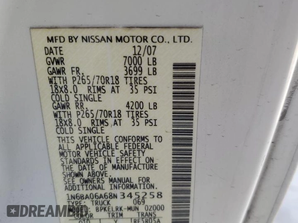 2008 Nissan Titan SE with VIN 1N6BA06A68N345258, listed as a Copart auction lot 42289375 with 218,042 mi miles and Salvage Title. Bid and sale history available at carsss.com. Image 12.