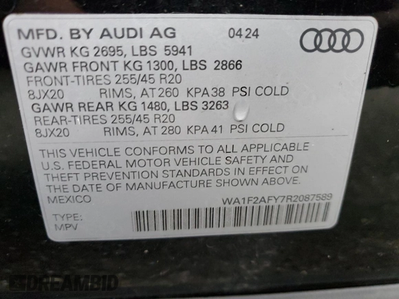 2024 Audi Q5 S line Prestige with VIN WA1F2AFY7R2087589, listed as a Copart auction lot 87179814 with 3,630 mi miles and Salvage Title. Bid and sale history available at carsss.com. Image 14.