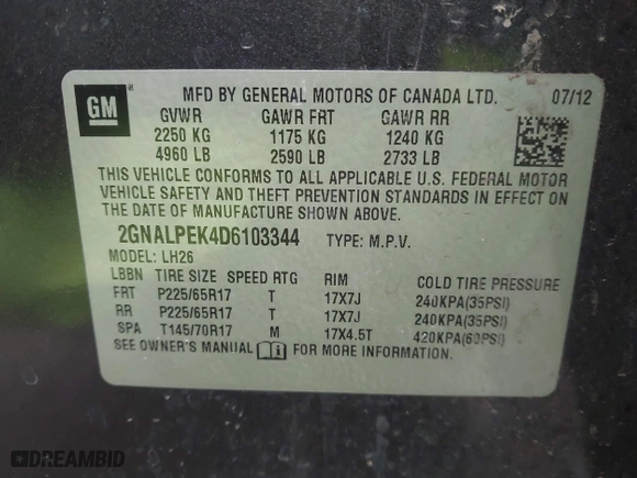 2013 Chevrolet Equinox LT with VIN 2GNALPEK4D6103344, listed as a IAAI auction lot 41525425 with 145,551 mi miles. Bid and sale history available at carsss.com. Image 9.