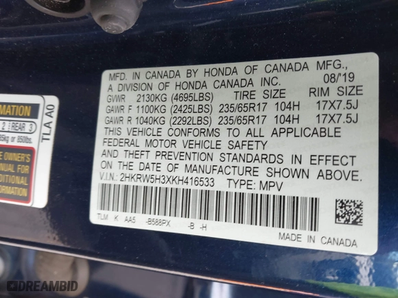 2019 Honda CR-V LX with VIN 2HKRW5H3XKH416533, listed as a IAAI auction lot 41623608 with 71,786 mi miles. Bid and sale history available at carsss.com. Image 9.