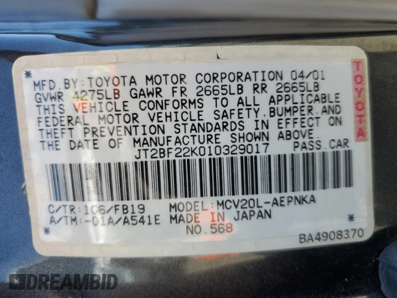 2001 Toyota Camry LE z VIN JT2BF22K010329017, wystawiony jako Copart lot #56035725 z przebiegiem 200 841 mil mil oraz Szkoda całkowita • Salvage title. Historia ofert i sprzedaży dostępna na DreamBid. Obrazek 12.