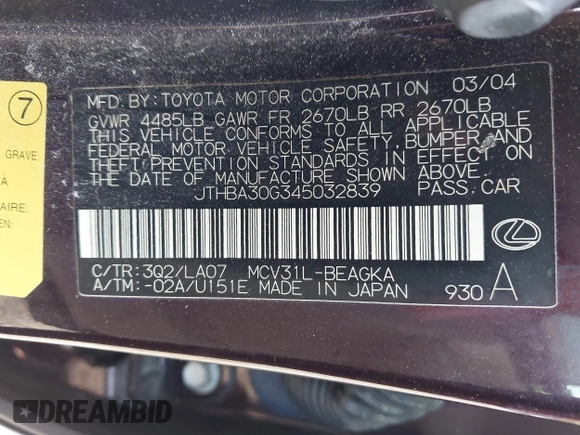 2004 Lexus ES 330 with VIN JTHBA30G345032839, listed as a IAAI auction lot 41976305 with 82,848 mi miles. Bid and sale history available at carsss.com. Image 9.