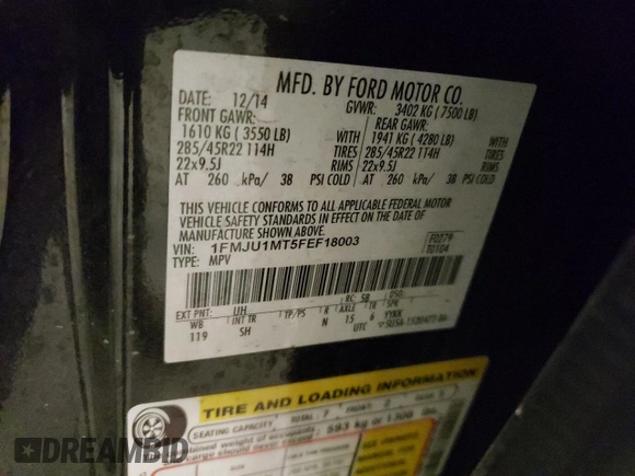 2015 Ford Expedition Platinum with VIN 1FMJU1MT5FEF18003, listed as a Copart auction lot 50179905 with 127,758 mi miles and Salvage title. Bid and sale history available at DreamBid. Image 16.