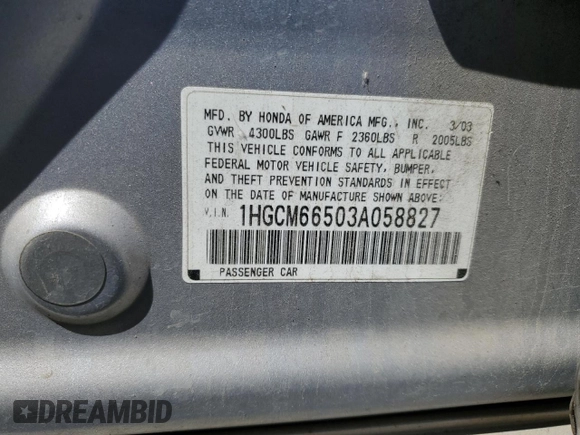 2003 Honda Accord EX z VIN 1HGCM66503A058827, wystawiony jako Copart lot #57183375 z przebiegiem 188 782 mil mil oraz Czysty tytuł • Clean title. Historia ofert i sprzedaży dostępna na DreamBid. Obrazek 12.