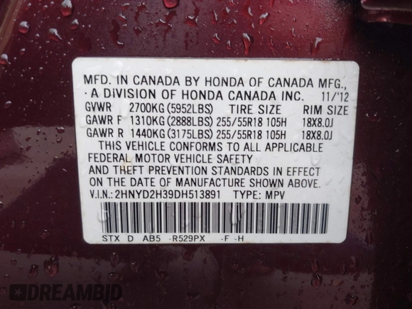 2013 Acura MDX Tech Pkg with VIN 2HNYD2H39DH513891, listed as a IAAI auction lot 41491200 with 272,549 mi miles. Bid and sale history available at carsss.com. Image 9.