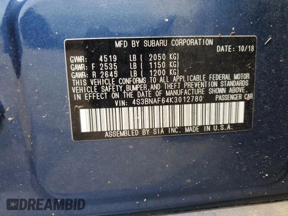 2019 Subaru Legacy Premium with VIN 4S3BNAF64K3012780, listed as a Copart auction lot 62911875 with 35,639 mi miles and Salvage title. Bid and sale history available at DreamBid. Image 12.