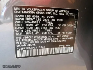 2023 Volkswagen Atlas 3.6L V6 SEL Premium R-Line with VIN 1V2FR2CA6PC513342, listed as a Copart auction lot 79689954 with 33,473 mi miles and Salvage Title. Bid and sale history available at carsss.com. Image 15.