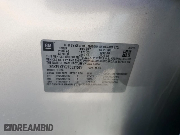 2015 GMC Terrain SLT with VIN 2GKFLXEK7F6331523, listed as a Copart auction lot 57913805 with 137,503 mi miles and Salvage title. Bid and sale history available at DreamBid. Image 12.