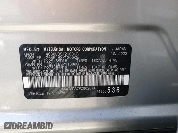 2023 Mitsubishi Eclipse Cross SE z VIN JA4ATWAA7PZ002074, wystawiony jako Copart lot #62300925 z przebiegiem 19 419 mil mil oraz Szkoda całkowita • Salvage title. Historia ofert i sprzedaży dostępna na DreamBid. Obrazek 14.