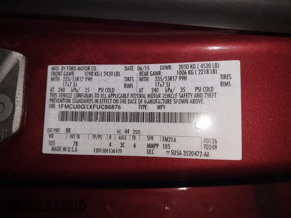 2015 Ford Escape SE with VIN 1FMCU0GXXFUC86876, listed as a IAAI auction lot 41727877 with 114,387 mi miles. Bid and sale history available at carsss.com. Image 9.