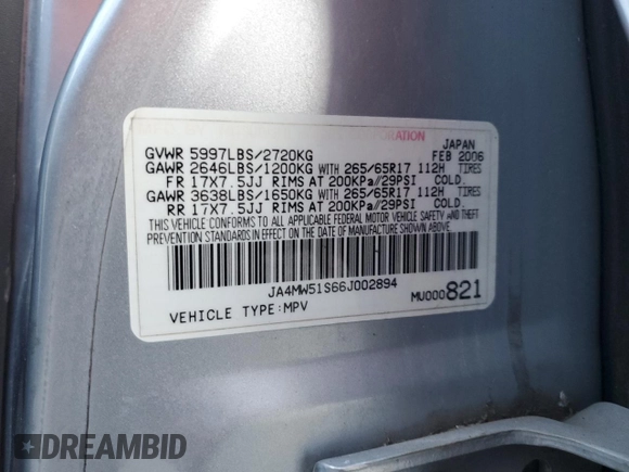 2006 Mitsubishi Montero Limited z VIN JA4MW51S66J002894, wystawiony jako Copart lot #84542064 z przebiegiem Nie podano mil oraz Szkoda całkowita • Salvage title. Historia ofert i sprzedaży dostępna na DreamBid. Obrazek 16.
