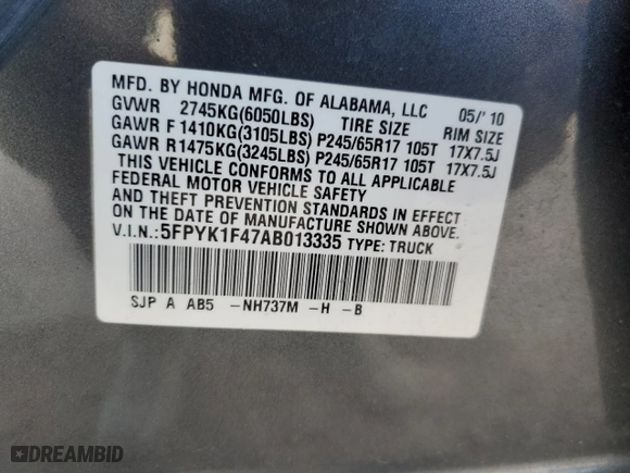 2010 Honda Ridgeline RTS with VIN 5FPYK1F47AB013335, listed as a Copart auction lot 45019354 with 145,661 mi miles and Salvage Title. Bid and sale history available at carsss.com. Image 12.