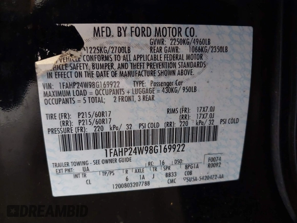 2008 Ford Taurus SEL z VIN 1FAHP24W98G169922, wystawiony jako IAAI lot #41861932 z przebiegiem 126 482 mil mil oraz . Historia ofert i sprzedaży dostępna na DreamBid. Obrazek 9.