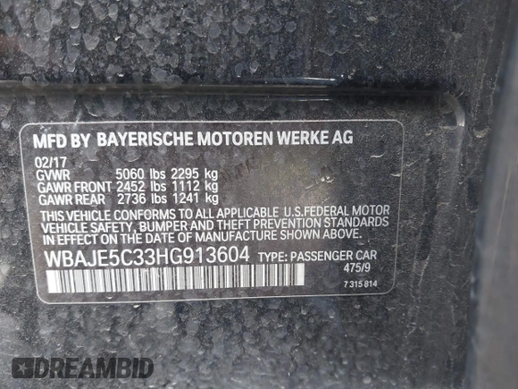 2017 BMW 5 Series 540i with VIN WBAJE5C33HG913604, listed as a IAAI auction lot 41559239 with 107,160 mi miles and . Bid and sale history available at carsss.com. Image 9.