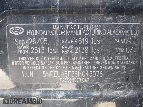 2006 Hyundai Sonata GLS with VIN 5NPEU46F36H043076, listed as a IAAI auction lot 41950635 with 161,024 mi miles and . Bid and sale history available at DreamBid. Image 9.