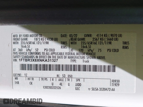 2022 Ford Transit Cargo with VIN 1FTBR3X8XNKA31327, listed as a IAAI auction lot 42081060 with Not provided miles and . Bid and sale history available at DreamBid. Image 9.