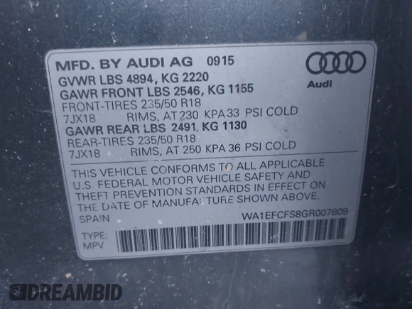 2016 Audi Q3 Premium Plus with VIN WA1EFCFS8GR007809, listed as a IAAI auction lot 41752028 with 102,774 mi miles. Bid and sale history available at carsss.com. Image 9.