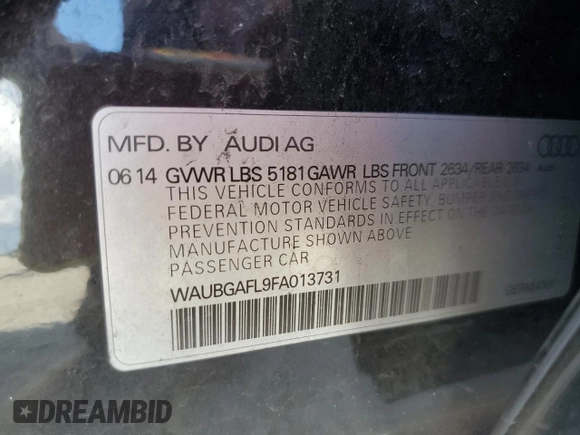 2015 Audi S4 Premium Plus with VIN WAUBGAFL9FA013731, listed as a Copart auction lot 86951844 with 44,027 mi miles and Salvage Title. Bid and sale history available at carsss.com. Image 13.
