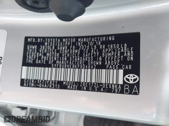 2019 Toyota Corolla L with VIN 5YFBURHE8KP904642, listed as a IAAI auction lot 41760468 with 45,814 mi miles. Bid and sale history available at carsss.com. Image 9.
