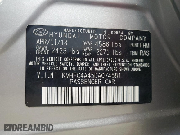 2013 Hyundai Sonata with VIN KMHEC4A45DA074581, listed as a Copart auction lot 55474465 with 144,757 mi miles and Clean Title. Bid and sale history available at carsss.com. Image 12.