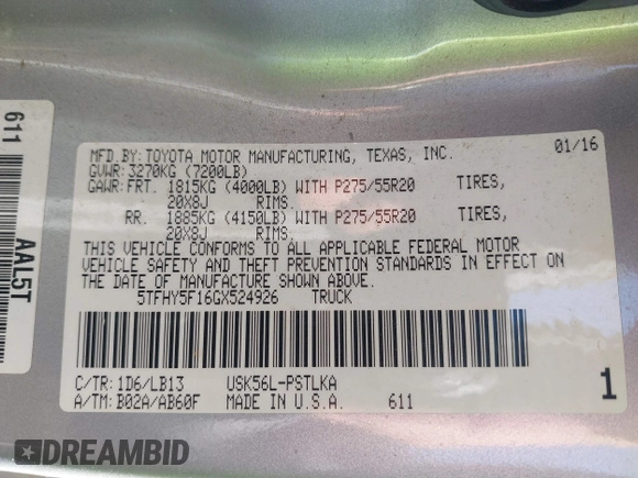 2016 Toyota Tundra 4WD Truck LTD with VIN 5TFHY5F16GX524926, listed as a IAAI auction lot 41348197 with 158,633 mi miles. Bid and sale history available at carsss.com. Image 9.
