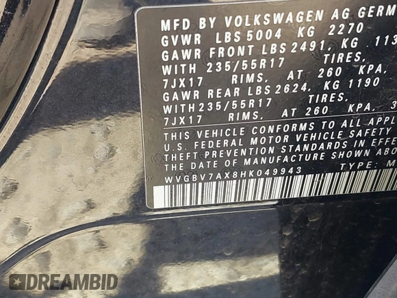 2017 Volkswagen Tiguan S z VIN WVGBV7AX8HK049943, wystawiony jako IAAI lot #42055240 z przebiegiem 113 330 mil mil oraz . Historia ofert i sprzedaży dostępna na DreamBid. Obrazek 9.