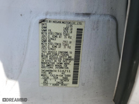 2006 Nissan Xterra SE with VIN 5N1AN08W56C514251, listed as a Copart auction lot 48137405 with 0 mi miles and Salvage Title. Bid and sale history available at carsss.com. Image 13.