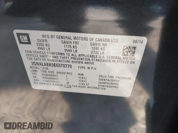 2014 Chevrolet Equinox LS with VIN 2GNALAEK9E6370770, listed as a IAAI auction lot 41763925 with 111,240 mi miles and . Bid and sale history available at carsss.com. Image 9.