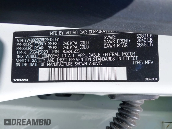 2014 Volvo XC60 R-Design Premier Plus with VIN YV4902DZ8E2545061, listed as a IAAI auction lot 42071863 with 90,718 mi miles and . Bid and sale history available at DreamBid. Image 9.