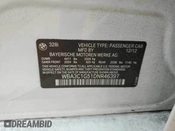 2013 BMW 3 Series 328i with VIN WBA3C1G51DNR46397, listed as a Copart auction lot 87870915 with 108,012 mi miles and Salvage Title. Bid and sale history available at carsss.com. Image 14.