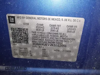 2019 Chevrolet Equinox LT z VIN 3GNAXUEV2KS512051, wystawiony jako IAAI lot #42046098 z przebiegiem 91 032 mil mil oraz . Historia ofert i sprzedaży dostępna na DreamBid. Obrazek 9.
