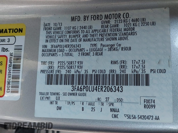 2014 Ford Fusion SE Hybrid with VIN 3FA6P0LU4ER206343, listed as a IAAI auction lot 41600260 with 198,834 mi miles and . Bid and sale history available at DreamBid. Image 9.