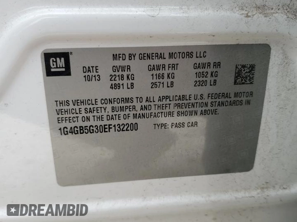 2014 Buick LaCrosse Leather with VIN 1G4GB5G30EF132200, listed as a Copart auction lot 51232035 with 118,730 mi miles and Salvage Title. Bid and sale history available at DreamBid. Image 12.