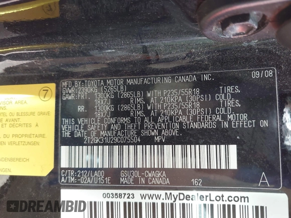 2009 Lexus RX 350 with VIN 2T2GK31U29C075504, listed as a IAAI auction lot 41757671 with 168,118 mi miles and . Bid and sale history available at DreamBid. Image 9.