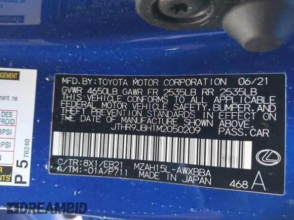 2021 Lexus UX with VIN JTHR9JBH1M2050209, listed as a IAAI auction lot 41874736 with 31,536 mi miles. Bid and sale history available at carsss.com. Image 9.