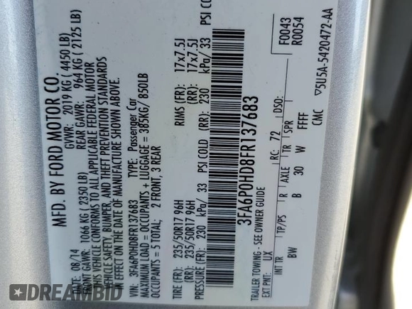 2015 Ford Fusion SE with VIN 3FA6P0HD8FR137683, listed as a Copart auction lot 57684495 with 115,282 mi miles and Salvage title. Bid and sale history available at DreamBid. Image 12.