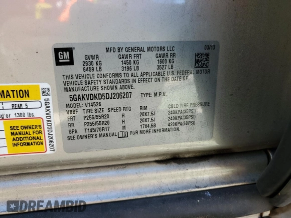 2013 Buick Enclave Premium with VIN 5GAKVDKD5DJ206207, listed as a Copart auction lot 48143855 with 145,341 mi miles and Salvage Title. Bid and sale history available at DreamBid. Image 14.