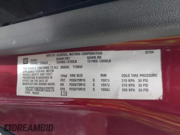 2005 Chevrolet Colorado LS Z71 with VIN 1GCDT196258122275, listed as a IAAI auction lot 42241504 with 125,998 mi miles and . Bid and sale history available at DreamBid. Image 9.