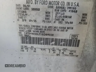 2001 Ford F-250 XL with VIN 1FTNW20L71ED89038, listed as a Copart auction lot 60929745 with 287,403 mi miles and Salvage title. Bid and sale history available at DreamBid. Image 12.
