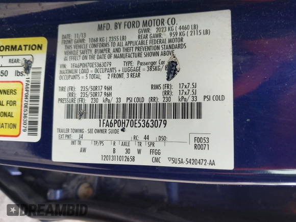 2014 Ford Fusion SE with VIN 1FA6P0H70E5363079, listed as a IAAI auction lot 41987310 with 128,629 mi miles and . Bid and sale history available at DreamBid. Image 9.