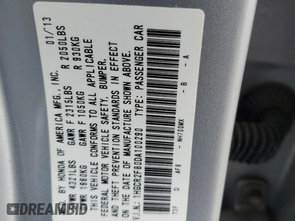 2013 Honda Accord Sdn EX-L with VIN 1HGCR2F80DA100290, listed as a Copart auction lot 53510425 with 64,383 mi miles and Salvage Title. Bid and sale history available at carsss.com. Image 12.